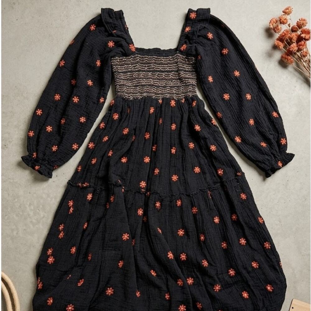 Free People Smocked Midi Dress Black Floral Embroidered Puff Sleeve Cottagecore